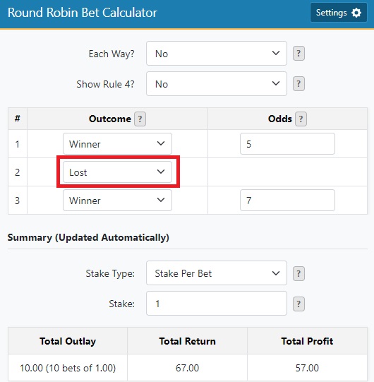 picture of a Round Robin calculator with odds horses 1 & 3 winning but Horse losing showing returns of £67